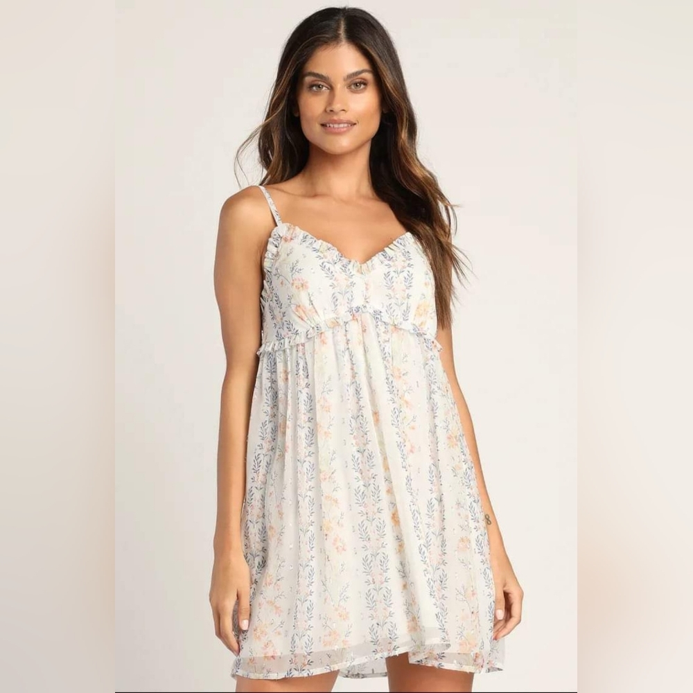 Lulu's Sweetly Shining Ivory Floral Metallic Babydoll Mini Dress